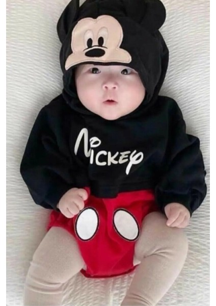 Mickey Fare Desenli Kapşonlu Alttan Çıtçıtlı Sweet-Siyah