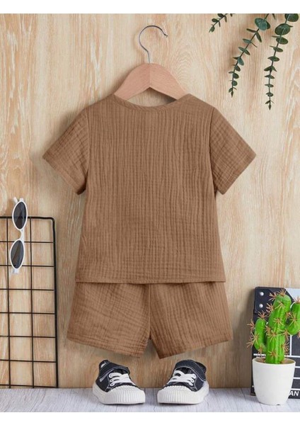 Unisex Bebek&çocuk %100 Pamuklu Düğmeli Müslin Alt Üst Şort Takım-Kahverengi