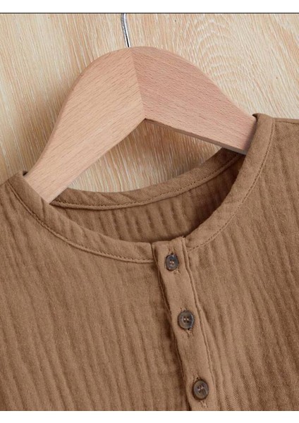 Unisex Bebek&çocuk %100 Pamuklu Düğmeli Müslin Alt Üst Şort Takım-Kahverengi
