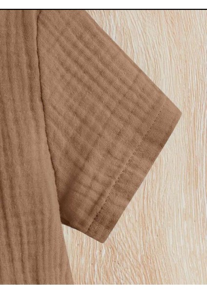 Unisex Bebek&çocuk %100 Pamuklu Düğmeli Müslin Alt Üst Şort Takım-Kahverengi