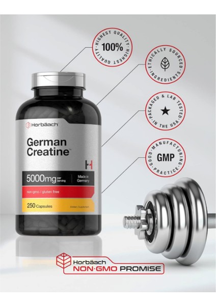 Horbäach German Creatine Monohydrate 5000MG | 250 Capsules | Non-Gmo Gluten Free made In Usa indirimleri