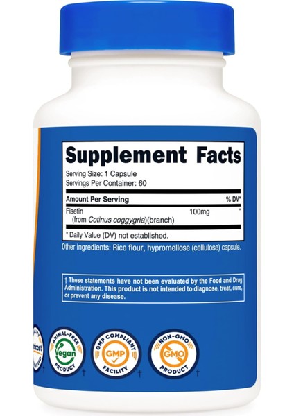 Fisetin Capsules 100MG 60 Capsules - Natural Polyphenol Antioxidant - Non-Gmo Gluten Free And Vegan Friendly Supplement