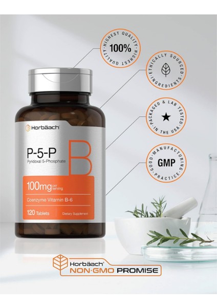 Horbäach P-5-P Activated Vitamin B6 100MG | 120 Tablets | Vegetarian Supplement Non-Gmo Gluten Free | Pyridoxal 5 Phosphate | Coenzyme B6 made In Usa