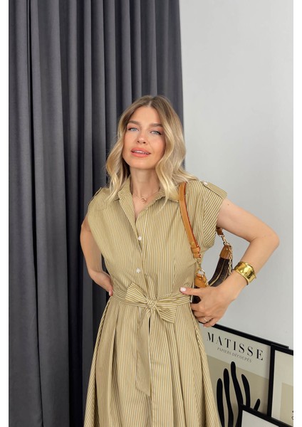 Camel Beyaz Çizgili Kuşaklı Gömlek Elbise fiyatları