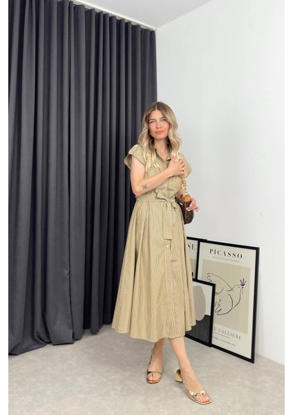 Camel Beyaz Çizgili Kuşaklı Gömlek Elbise modelleri