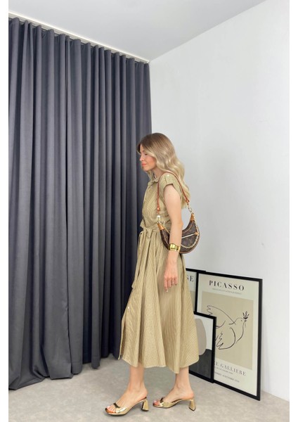 Camel Beyaz Çizgili Kuşaklı Gömlek Elbise indirimleri