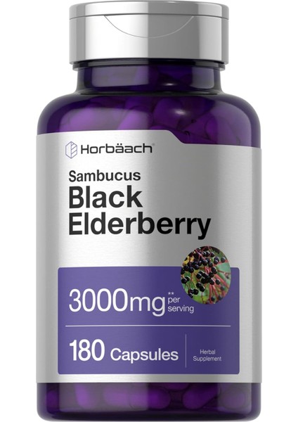 Horbäach Black Elderberry | 3000MG Capsules | 180 Count | Non-Gmo Gluten Free | Sambucus Extract Supplement