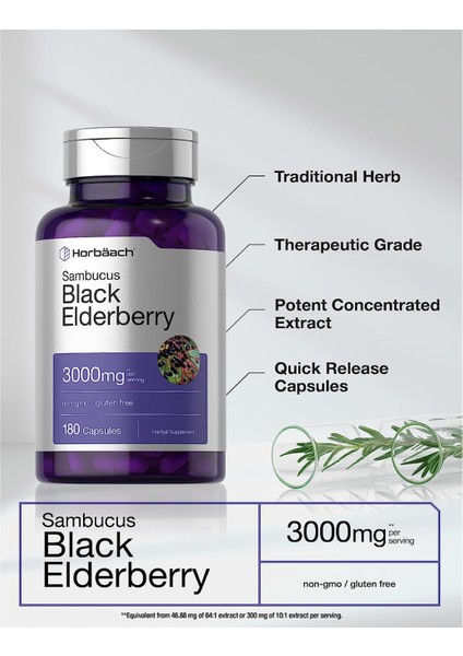 Horbäach Black Elderberry | 3000MG Capsules | 180 Count | Non-Gmo Gluten Free | Sambucus Extract Supplement