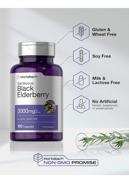 Horbäach Black Elderberry | 3000MG Capsules | 180 Count | Non-Gmo Gluten Free | Sambucus Extract Supplement