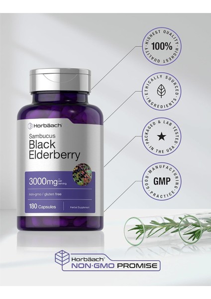 Horbäach Black Elderberry | 3000MG Capsules | 180 Count | Non-Gmo Gluten Free | Sambucus Extract Supplement