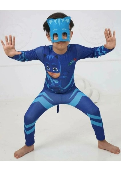 Pj Mask Kostüm Ön Baskılı Kedi Çocuk Kostüm - Catboy Tulum + Maskeli Set