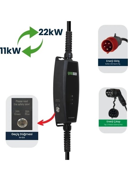 Taşınabilir Elektrikli Araç Trifaze Şarj Cihazı 11/22KW Ilave Ev Prizi Dönüştürücülü