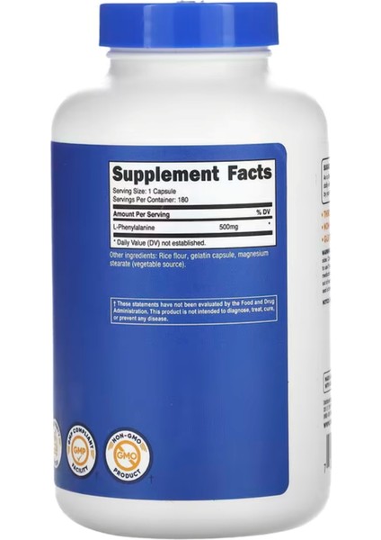 L-Phenylalanine 500MG 180 Capsul - Non-Gmo Amino Acid Usa Menşei modelleri