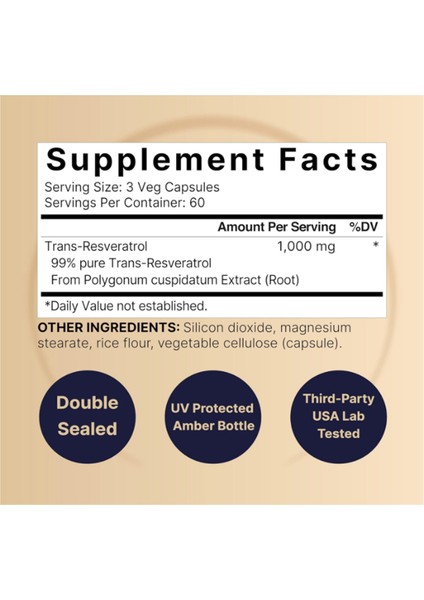 Resveratrol 1000MG 180 Veggie Capsules 99% Pure Trans-Resveratrol 3542