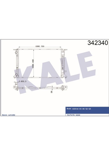 KLR-342340 Radyatör Audı Audı A4-A5-A6-Q3-Q5 Al-Pl-Brz