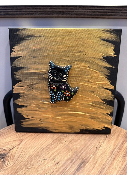 Iki Cadı Tasarım, Seramik Taş Detaylı 20X20 El Yapımı Tual Tablo - Süslü Kedi