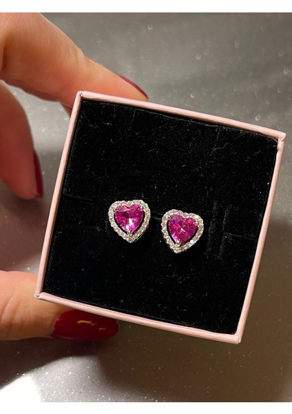 925 Ayar Gümüş Pembe Kristal Taşlı Kalp Küpe