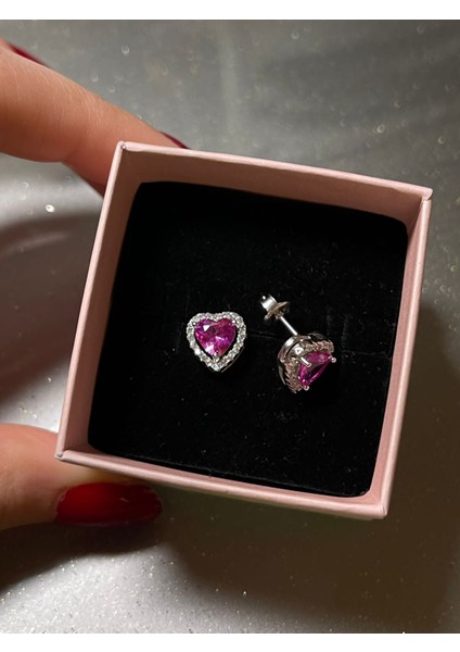 925 Ayar Gümüş Pembe Kristal Taşlı Kalp Küpe