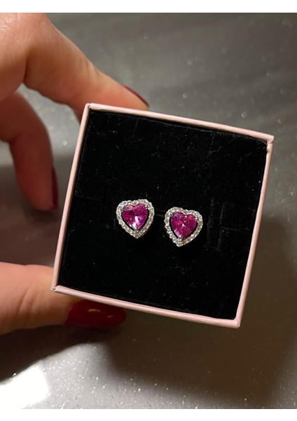 925 Ayar Gümüş Pembe Kristal Taşlı Kalp Küpe