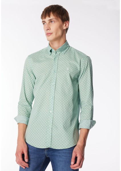 Regular Fit Düğmeli Yaka Su Yeşili Erkek Gömlek Godes