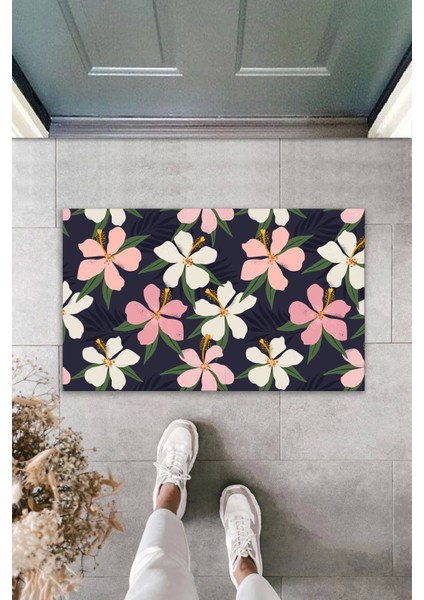 3D Baskı Özel Tasarım Siyah-Pembe Çiçek Dış Mekan Paspas