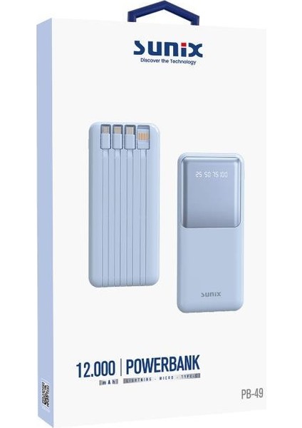 12000 Mah Dijital Göstergeli Dahili Çoklu Kablolu Taşınabilir Powerbank Mavi Pb-49