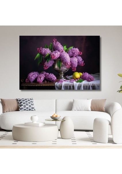 Tekli Yatay Kanvas Duvar Tablosu Vazoda Lila Sümbül Tasarımı
