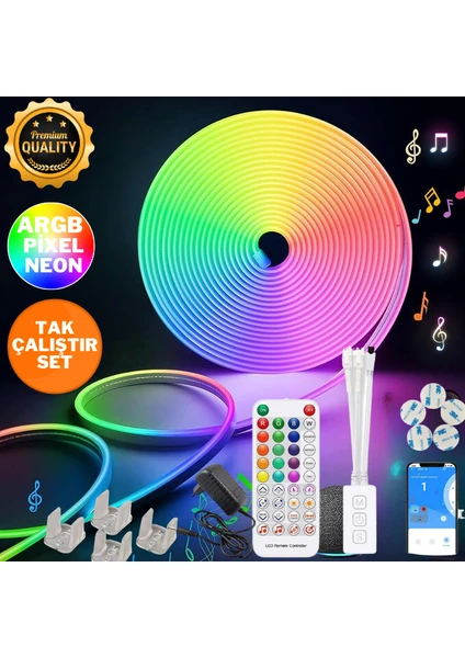 5mt Şerit Neon LED Animasyonlu Kumandalı ve Telefon Kontrollü Sese ve Müziğe Duyarlı Magic LED Argb