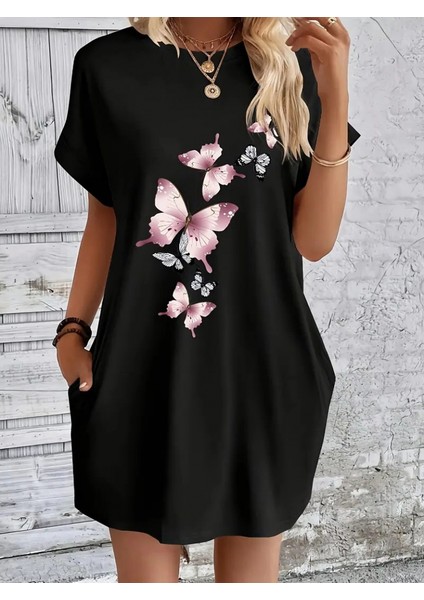 Kadın Kısa Kollu Bisiklet Yaka Kelebek Baskılı Cep Detay Viskon Elbise modelleri