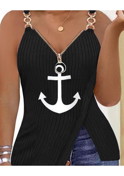 Kadın Askılı Zincir Yaka Detay Çıpa Baskılı Kalın Fitilli Kaşkorse Bluz fiyatları