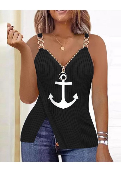 Kadın Askılı Zincir Yaka Detay Çıpa Baskılı Kalın Fitilli Kaşkorse Bluz modelleri