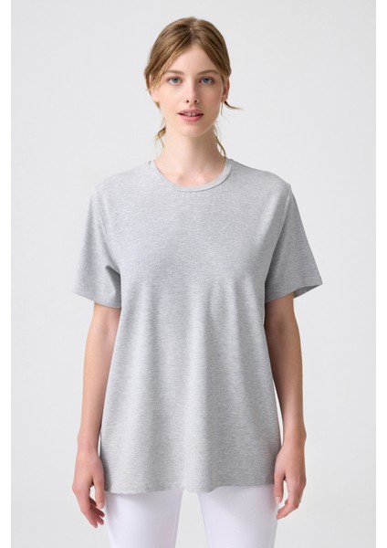 x Melodi Gri Melanj Oversize Geniş Kalıp Tişört Boyfriend T-Shirt