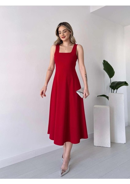 Kadın Krep Kumaş Kare Yaka Kalın Askılı Midi Boy Elbise fiyatları