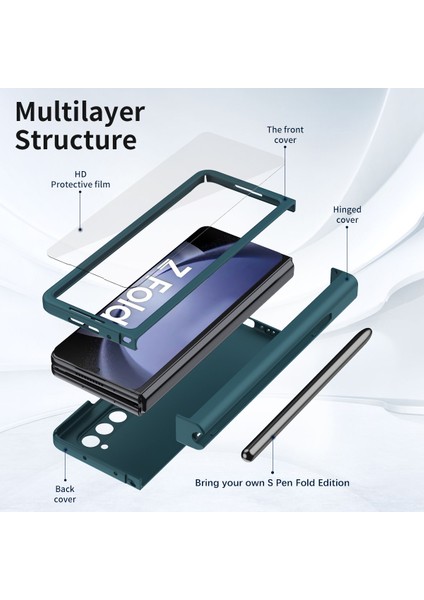 Samsung Galaxy Z Fold 5 Için Menteşe Korumalı Sert Pc Telefon Kılıfı , Ekran Koruyucu ve Kalemlik Yeşil (Yurt Dışından)