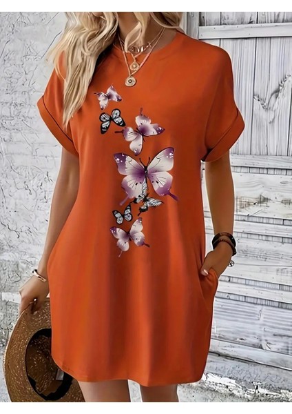 Kadın Kısa Kollu Bisiklet Yaka Kelebek Baskılı Cep Detay Viskon Elbise