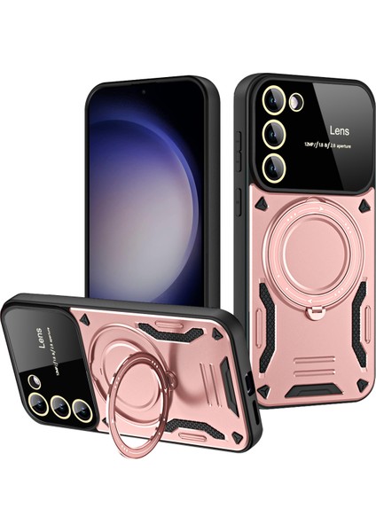 Samsung Galaxy S23 Için Çift Katmanlı Manyetik Halka Lens Standı Telefon Kılıfı - Rose Gold (Yurt Dışından)