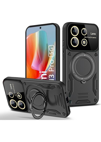 Xiaomi Redmi Note 13 Pro 5g Için Çift Katmanlı Manyetik Halka Lens Standı Telefon Kılıfı - Siyah (Yurt Dışından)
