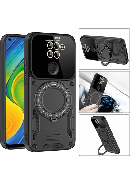 Xiaomi Redmi Note 9 Için Çift Katmanlı Manyetik Halka Lens Standı Telefon Kılıfı - Siyah (Yurt Dışından)