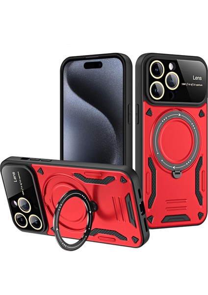 iPhone 15 Pro Için Çift Katmanlı Manyetik Halka Lens Standı Telefon Kılıfı - Kırmızı (Yurt Dışından)