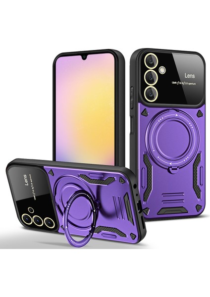 Samsung Galaxy A25 Için Çift Katmanlı Manyetik Halka Lens Standı Telefon Kılıfı - Mor (Yurt Dışından)