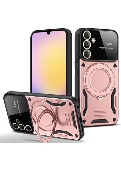 Samsung Galaxy A25 Için Çift Katmanlı Manyetik Halka Lens Standı Telefon Kılıfı - Rose Gold (Yurt Dışından)