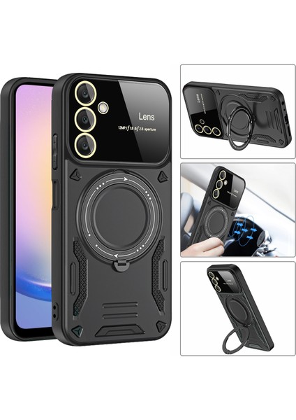 Samsung Galaxy A25 Için Çift Katmanlı Manyetik Halka Lens Standı Telefon Kılıfı - Rose Gold (Yurt Dışından)