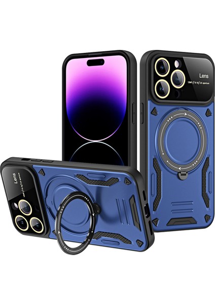 iPhone 14 Pro Için Çift Katmanlı Manyetik Halka Lens Standı Telefon Kılıfı - Mavi (Yurt Dışından)