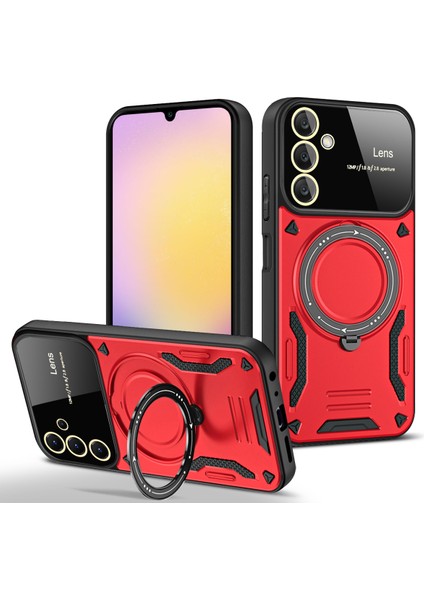 Samsung Galaxy A25 Için Çift Katmanlı Manyetik Halka Lens Standı Telefon Kılıfı - Kırmızı (Yurt Dışından)