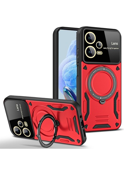 Xiaomi Redmi Note 12 Pro 5g Için Çift Katmanlı Manyetik Halka Lens Standı Telefon Kılıfı - Kırmızı (Yurt Dışından)
