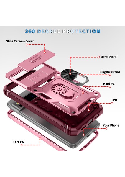 Google Pixel 8 Pro Için Çift Katmanlı Slayt Lens Kapak Halka Tutucu Standı ile Telefon Kılıfı - Pembe (Yurt Dışından)