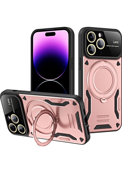 iPhone 14 Pro Max Için Çift Katmanlı Manyetik Halka Lens Standı Telefon Kılıfı - Rose Gold (Yurt Dışından)