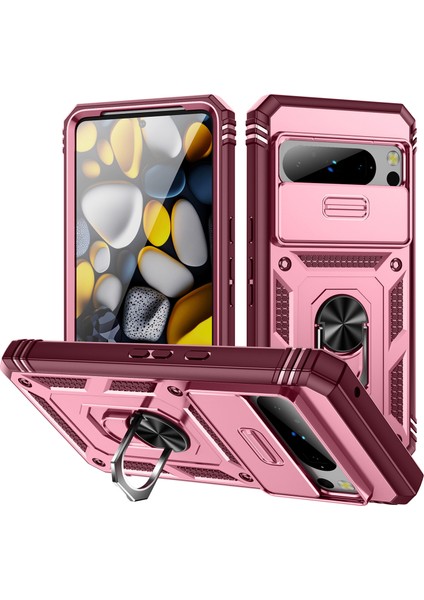 Google Pixel 8 Için Çift Katmanlı Slayt Lens Kapak Halka Tutucu Standı ile Telefon Kılıfı - Pembe (Yurt Dışından)