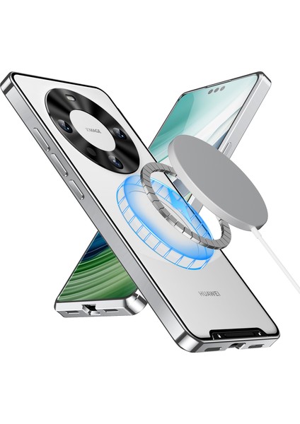 Huawei Mate 60 Için Metal Pc Arka Lens Koruma Manyetik Kablosuz Şarj Cihazı Telefon Kılıfı Gümüş (Yurt Dışından)