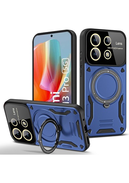 Xiaomi Redmi Note 13 Pro 5g Için Çift Katmanlı Manyetik Halka Lens Standı Telefon Kılıfı - Mavi (Yurt Dışından)